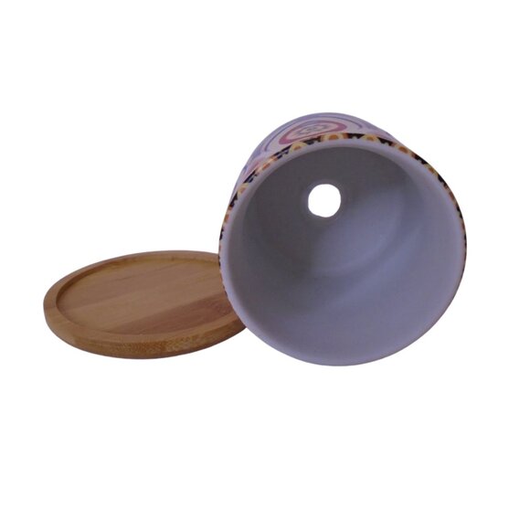 Succulent Pots 3 in Mandala Boho Multicolor Ceramic with Bamboo Trays 2 Pcs Set - Picture 4 of 7